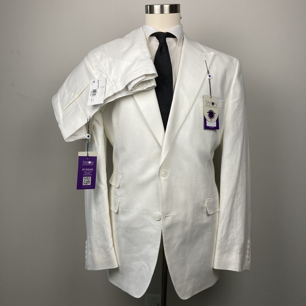 Tayion Collection Men's 2-pc Classic-Fit Suit Jacket 46L Pants 40W‎ 30L White